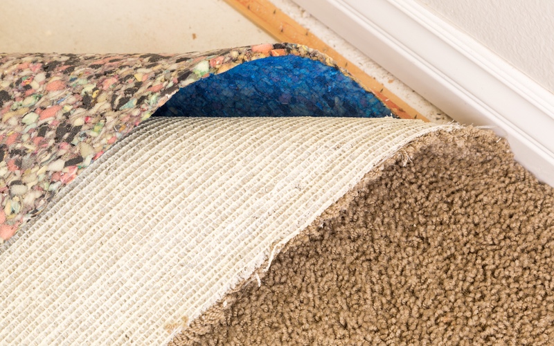 Worn-out carpet and padding are being removed as recommended by Zerorez Calgary.